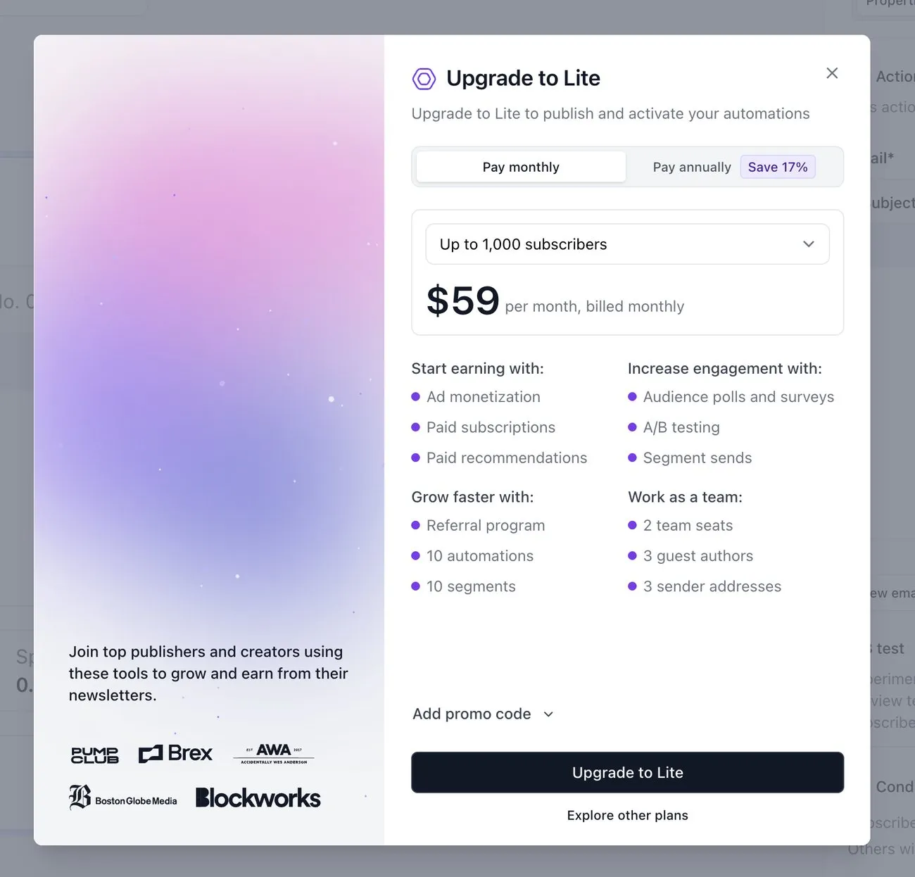 beehiiv dialog headed 'Upgrade to Lite', reading 'Upgrade to Lite to publish and activate your automations', priced at $59 per month for up to 1,000 subscribers