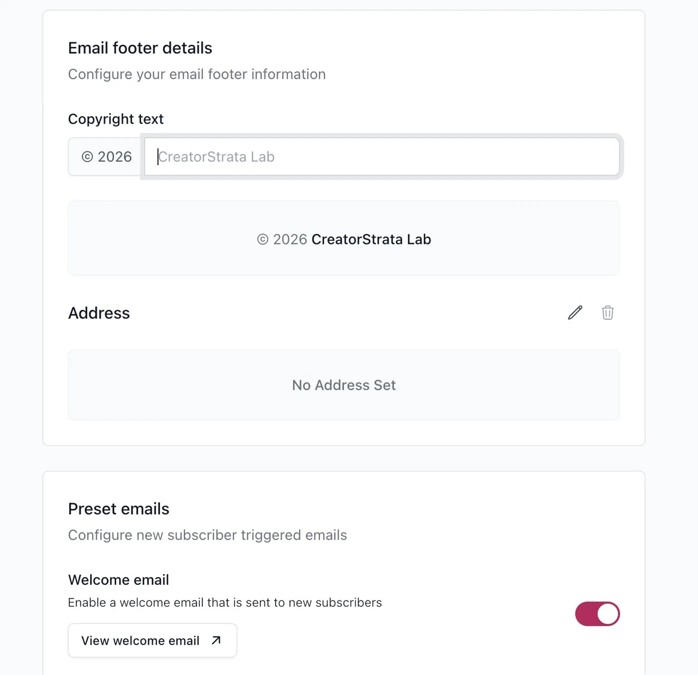 beehiiv email settings on a free account: a copyright line, an Address field reading 'No Address Set', and a Welcome email toggle switched on
