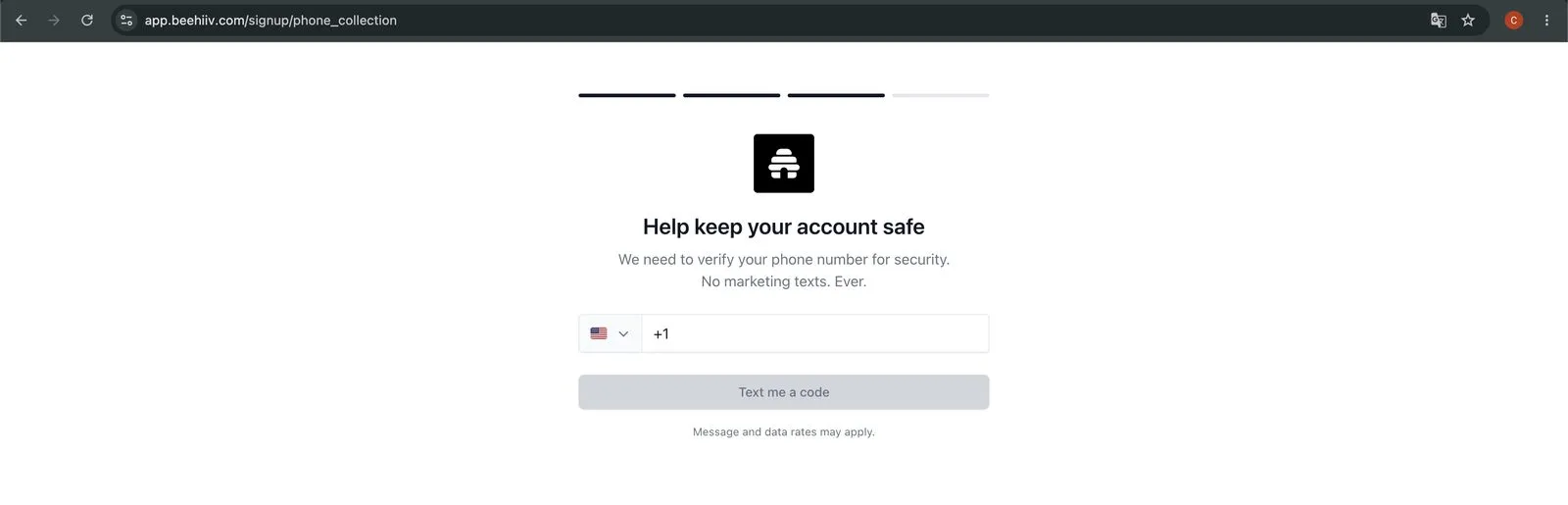 beehiiv signup step asking for a phone number, headed 'Help keep your account safe', with a 'Text me a code' button