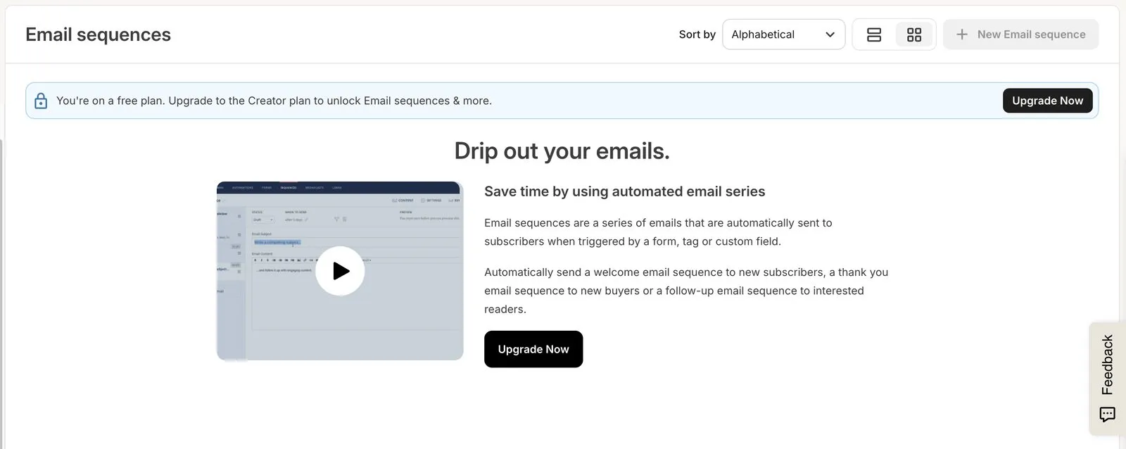 Kit's Email sequences page on a free account, showing the notice 'You're on a free plan. Upgrade to the Creator plan to unlock Email sequences & more.'