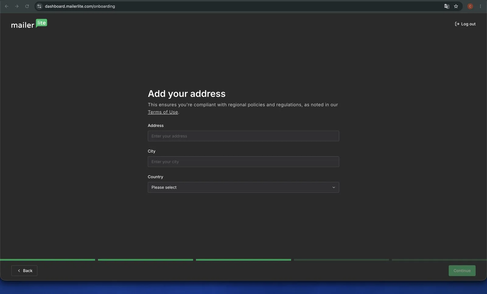 MailerLite onboarding step headed 'Add your address', with empty Address, City and Country fields